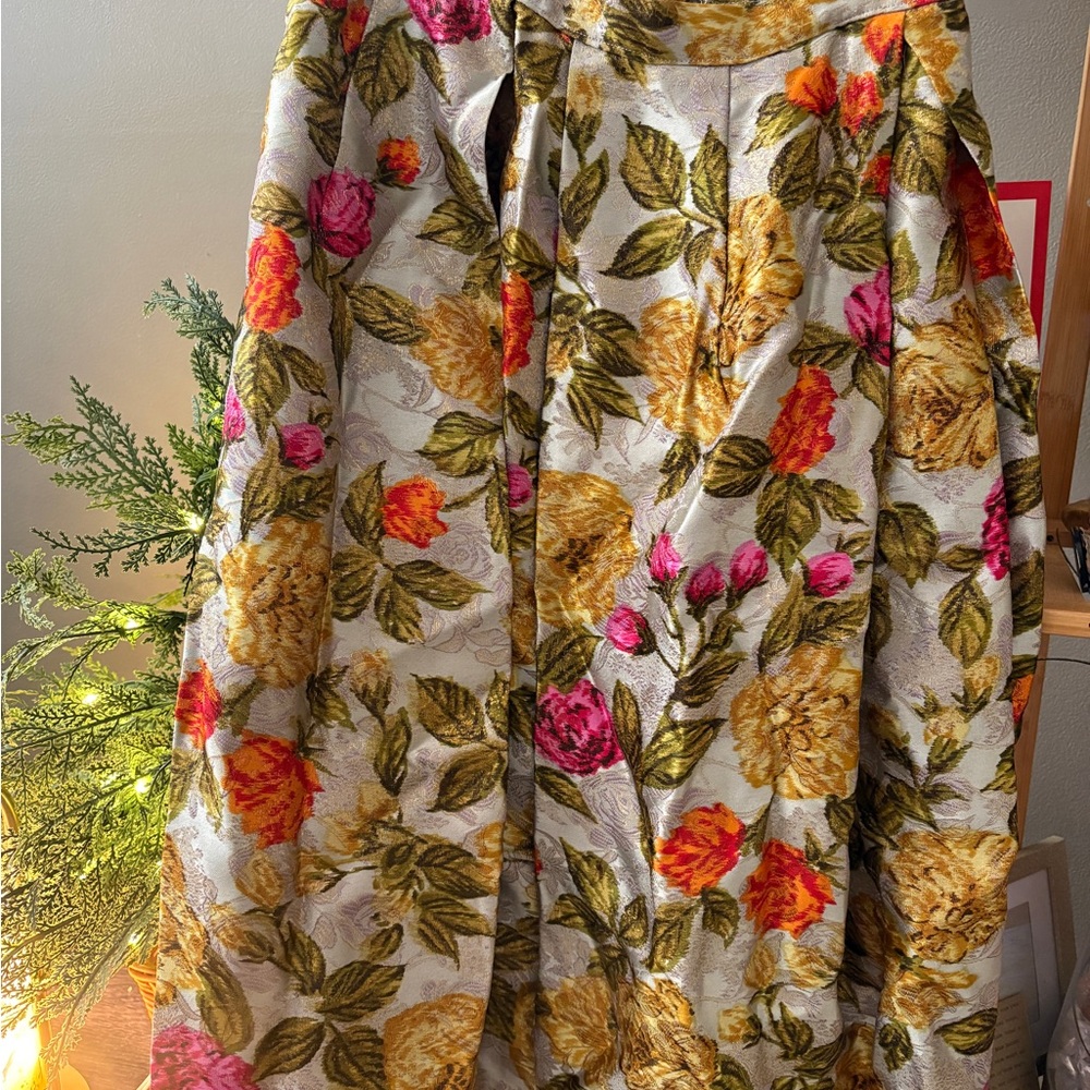 Unique Vintage Floral Midi Brocade Skirt - Pink, Orange, Green